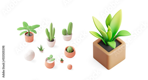 3D Stylized Potted Plants on White Platform on a Transparent Background