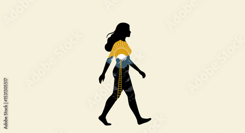 Silhouette of a woman in motion with a yellow circular motif and blue mountain pattern on her clothing