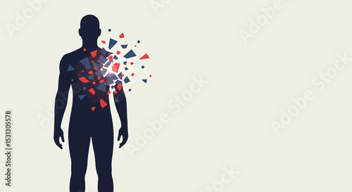 Dark blue human silhouette with geometric shapes radiating from chest