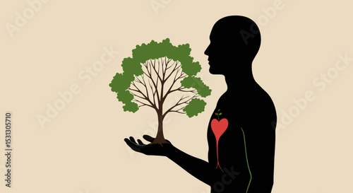 Silhouette of person embracing a tree with a red heart on the chest