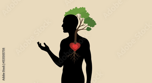 Minimalist silhouette of a human figure with a green tree and red heart on a light beige background