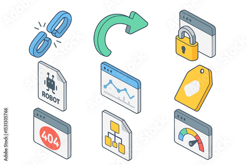 Isometric seo icons: link, arrow, security, graph, robot, tag, error, diagram