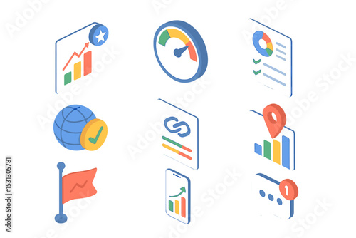 Colorful isometric business icons for data and analytics concept