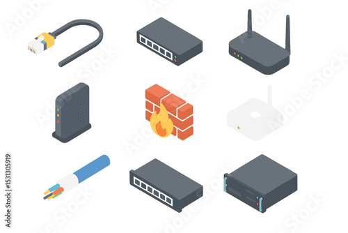 Network devices and security icons featuring firewall and routers