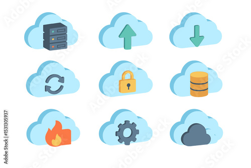 Cloud computing icons with data transfer and security elements