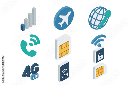 Digital connectivity icons: sim, wi-fi, vpn, and global network symbols