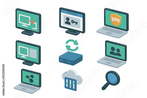 Secure computer network icons featuring vpn, firewall, cloud, and monitor symbols
