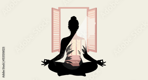 Female in meditative pose in front of window with pinkish-purple shutters