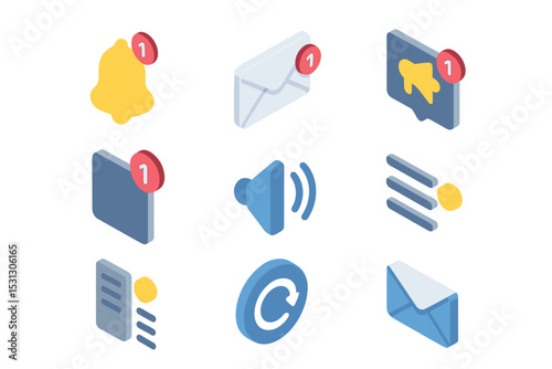 Notification icons featuring email, bell, megaphone, and chat symbols