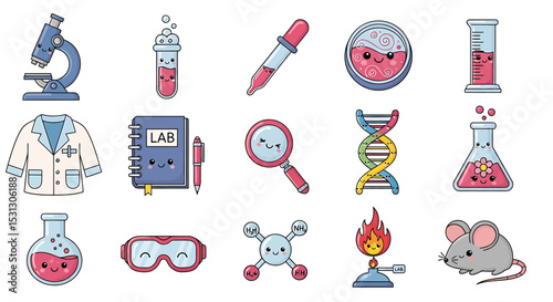 Vector icons Set of  Adorable Laboratory Icons A Collection of Scientific Tools and Elements. Vector Illustrations