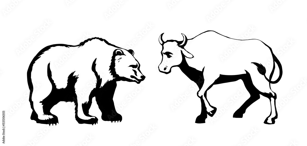 Obraz premium Vector drawing. Big cow and bear