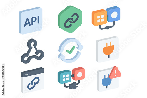 Illustrated api and integration icons with links and plugs on gradient background