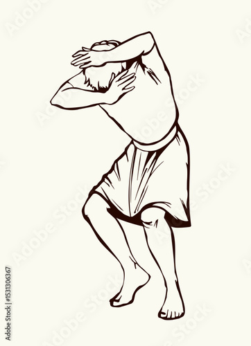 Vector drawing. Man protect himself from the wind