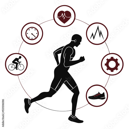 Athlete running with fitness icons representing sports and healthy lifestyle concepts