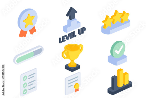 Isometric gaming icons with trophy, stars, and achievement symbols