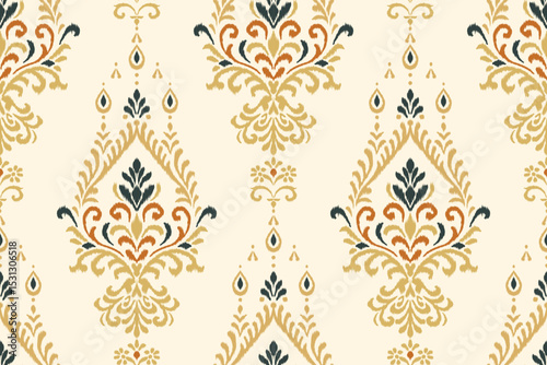 Seamless vertical ikat pattern with ornamental floral and geometric shapes in beige, olive, and rust tones, ethnic textile design perfect for fabric, wallpaper, boho decor, and digital print use.
