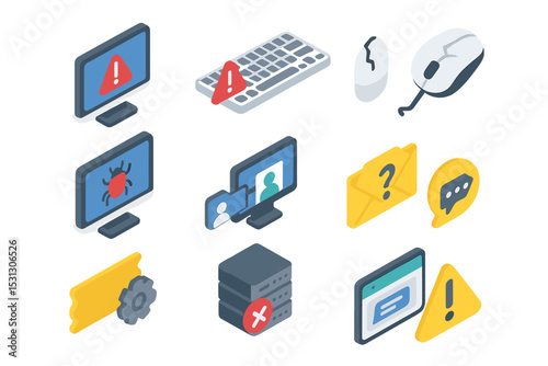 Isometric icons representing common computer issues and alerts