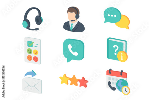 Customer service icons with headset, chat bubbles, and phone symbol on blurred background