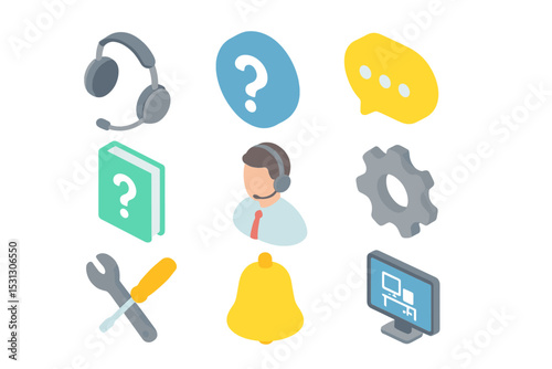 Isometric customer support icons with headset and tools