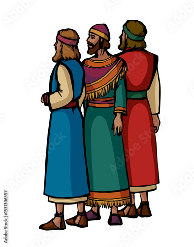 Vector drawing. People stand befor king