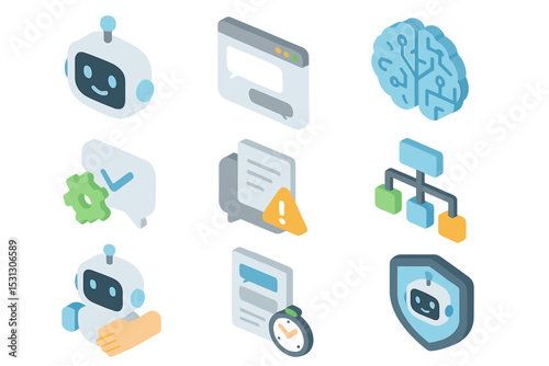Colorful icons of robots, brain, and network connections with gradient background