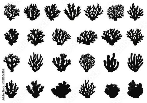 Diverse Collection of Coral Silhouettes Revealing Underwater Biodiversity and the Intricate Beauty of Marine Ecosystems in Vector Format