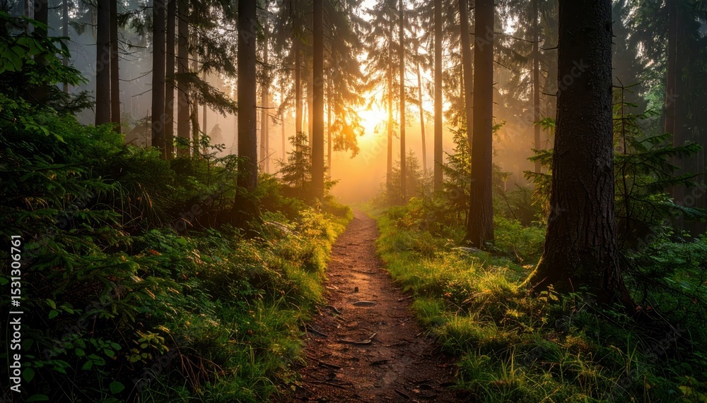 Obraz premium Winding Path Through Misty Forest at Dawn with Soft Filtering Light