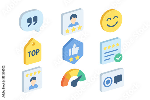 3d icons representing user reviews and ratings with smiley and thumbs up