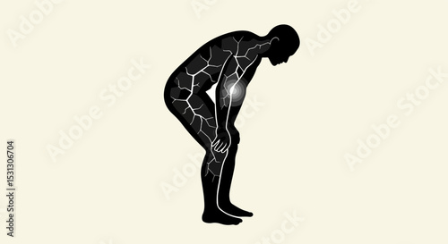 Minimalist black silhouette of a crouched male figure with white crack-like lines