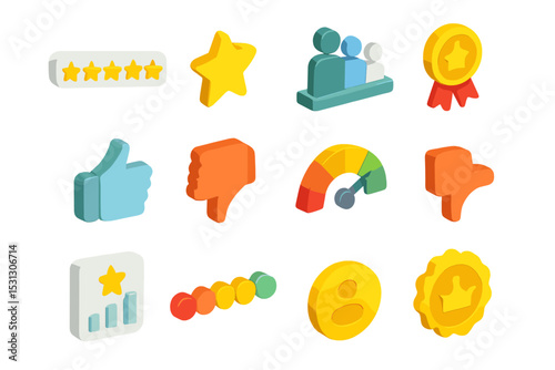 Colorful 3d rating icons featuring stars, thumbs, and performance gauges