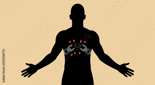 Black silhouette of human figure with red and gray shapes on torso against light beige background