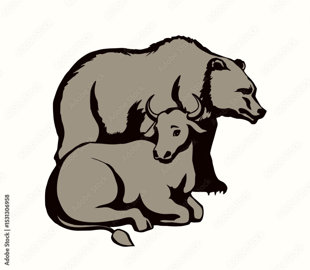 Fototapeta premium Vector drawing. Cute big cow with bear