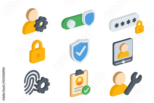 Isometric icons of security and user interface elements with locks and shields