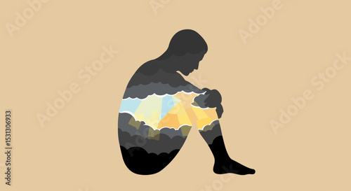 Side-profile silhouette of a person seated in contemplation against a sunrise sunset gradient background