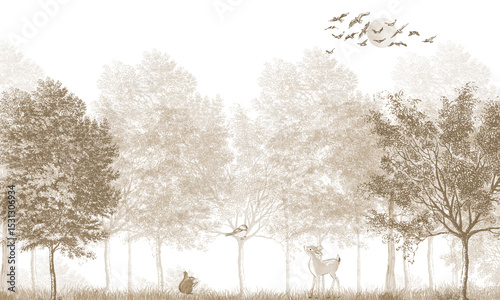 Canvas Print Aged Wildlife Wall Mural: Faded Sepia Deer, Trees & Abstract Forest Background