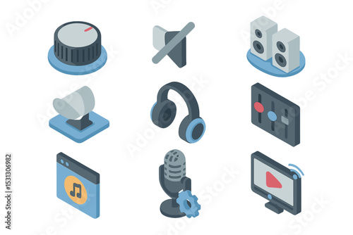 Isometric audio icons: headphones, microphone, speakers, settings, and more