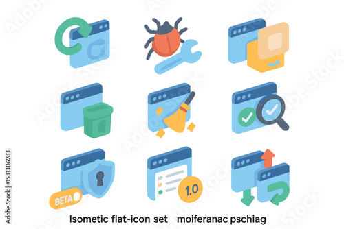 Isometric flat-icon set with tools, security, and software elements