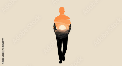 Silhouette of man standing with arms at sides against vivid orange sunset or sunrise gradient background