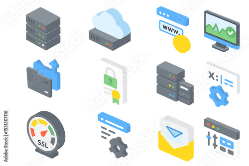 Colorful isometric icons of web servers, security, and cloud computing