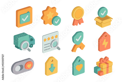 Colorful isometric icons featuring awards, tags, and gift boxes