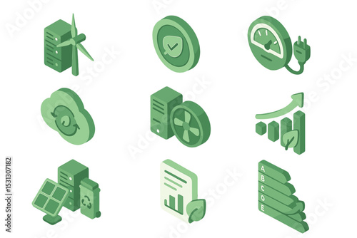 Eco-friendly technology icons on green background