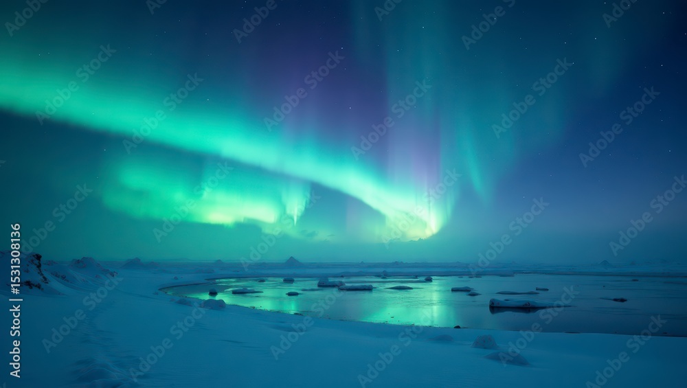 Naklejka premium Aurora Borealis Over Frozen Landscape