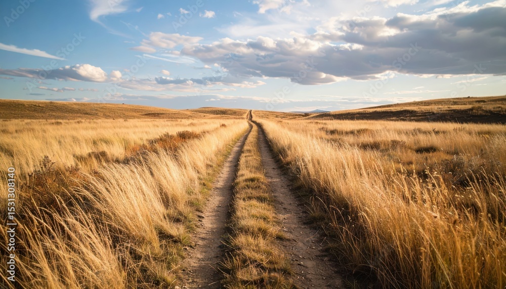 Fototapeta premium Worn Pathway Through Vast Prairie and Tall Grass Under Big Sky