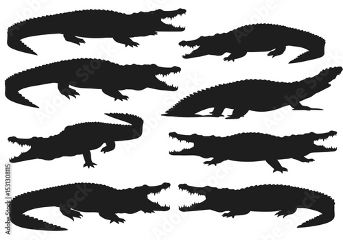 Vector set of black crocodile, lizard, and reptile animal silhouettes with tails isolated on a white background