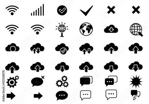 Digital Communication Essentials A Collection of Vector Icons Representing Connectivity Cloud Storage Settings and Global Network Symbols