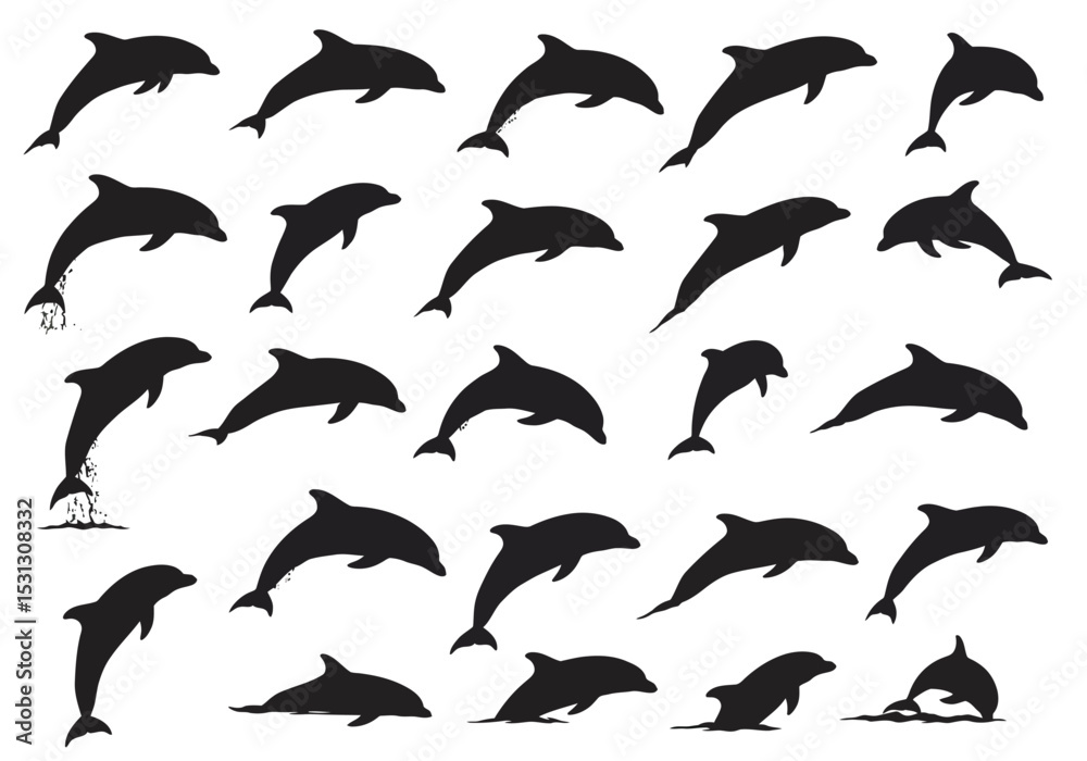 Naklejka premium A Collection of Dolphin Silhouettes in Various Positions and Shapes Showcasing Marine Mammals and Their Aquatic Movements in a Playful Display