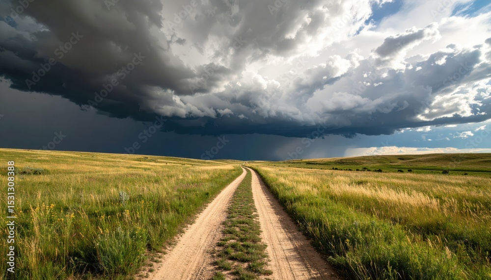 Fototapeta premium Worn Pathway Through Vast Empty Grassland Under Distant Storm Clouds