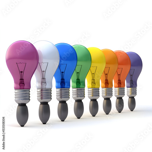 light bulb concept, colourful lightbulbs lined up isolated on a white background