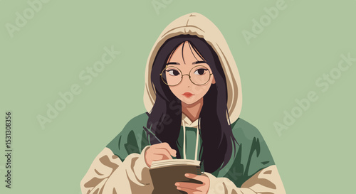 Young woman in green hoodie writing in dark notebook on light green background