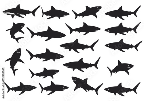 Seamless vector pattern of diverse marine animal silhouettes, including sharks and various fish, ideal for an underwater or nature-themed design